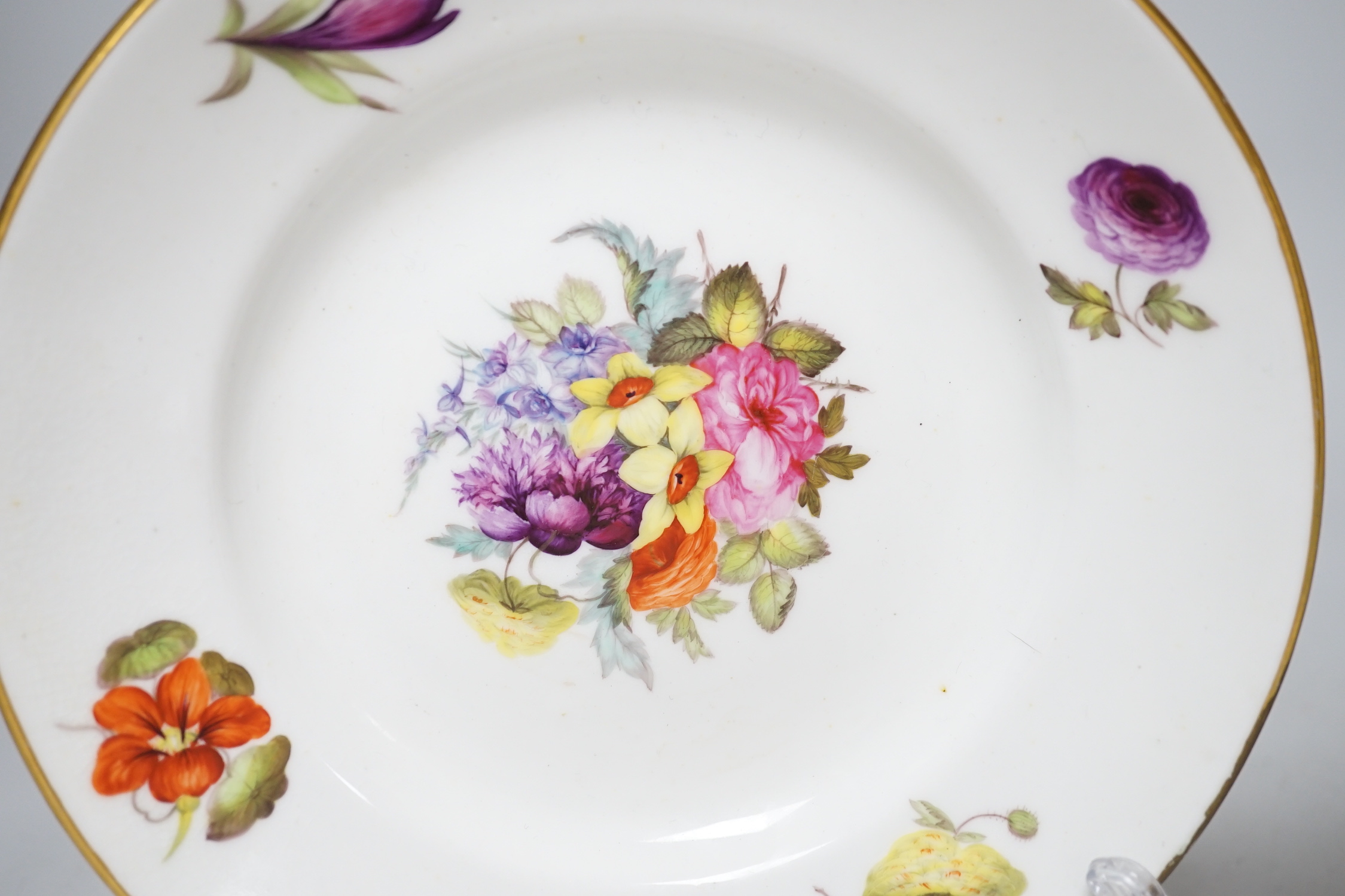 A pair of 19th century Derby floral small plates with gilded decoration, probably painted by Webster, c.1820, each 17cm in diameter